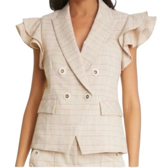 $595 Veronica Beard Janae Plaid Ruffle Blazer Jacket Button Up Khaki Multi Sz 00 - Picture 5 of 14